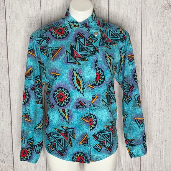 VTG 80s Wrangler Teal/Multicolor Aztec Western Button Up, size Medium - Picture 2 of 9